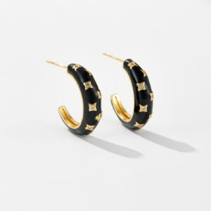White Copper Gold Plated C-Hoop Earrings, 17mm Star Pattern, Pave Zirconia & Black Enamel Huggies-TTE006