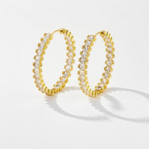 White Copper Gold Plated Hoop Earrings, Size 4*4*38mm, Full Circle Claw-Set Pave CZ Design-TTE032