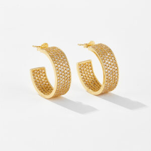 White Copper Gold Plated Chunky Huggie Hoop Earrings, Size 22.5mm, Pave-Set CZ Mesh Pattern Design-TTE035