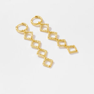 White Copper Gold Plated Stud Earrings, Size 71mm, Linked Geometric Rhombus Charm Drop Design-TTE039