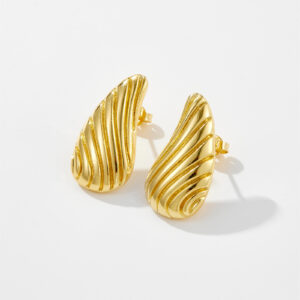 White Copper Gold Plated Stud Earrings, Size 25mm, 3D Twisted Ribbed Texture Design-TTE041