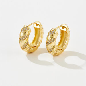 White Copper Gold Plated Huggie Hoop Earrings, 27mm, Twisted Texture with Spaced CZ-TTE043