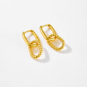 White Copper Gold Plated Interlocking Chain Hoop Earrings, Size 13*12mm, Twisted & Smooth Dual Texture Design-TTE053