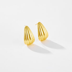 White Copper Gold Plated Ribbed Teardrop Stud Earrings, Size 25*14mm, Textured Conical Design-TTE056