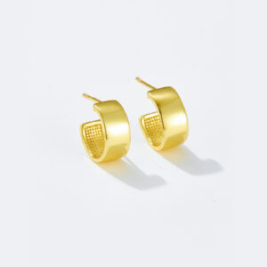 White Copper Gold Plated Half-Hoop Stud Earrings, Inner Diameter 9.5mm, Outer Diameter 12mm, Grid Textured Design-TTE058