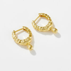 White Copper Gold Plated Hoop Earrings, 10mm Inner Diameter 5mm Thickness 21mm Height, Textured Design-TTE042