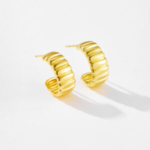 White Copper Gold Plated Grooved Hoop Earrings, Size 18mm, Layered Ribbed Design -TTE051