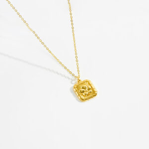 White Copper Gold Plated 3D Floral Textured Square Frame Pendant Necklaces, Chain 45+5mm, Pendant 18mm/15.5mm-TTN024