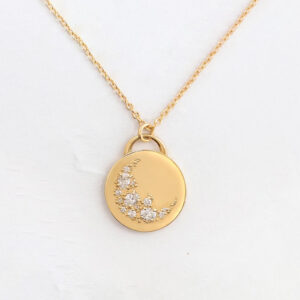 White Copper Gold Plated Mixed-Shape CZ Paved Moon Round Lock Pendant Necklaces, Pendant 20mm-TTE037