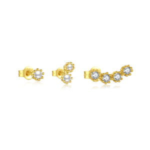 925 Silver Gold-Plated Beaded Pearl & CZ Stud Earring Set -MME014