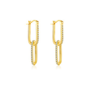 925 Silver Gold Chain-Link CZ Paved Drop Huggie Earrings-MME187