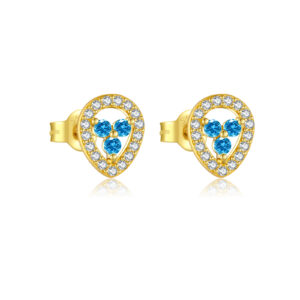 925 Silver Gold Plated Teardrop-shaped Clover Blue Stone Stud Earrings-MME1067