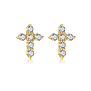 925 Silver Gold Plated Cross-shaped Round Stone Stud Earrings-MME1068