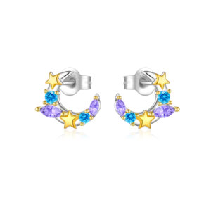 925 Silver Gold Plated Star-Moon Shaped Round Color Stone Stud Earrings-MME1069