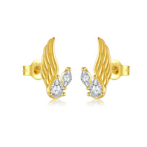 925 Silver Gold Plated Wing-shaped Round Stone Stud Earrings-MME1070