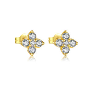 925 Silver Gold-Plated CZ Four-Leaf Clover Stud Earrings-MME1071