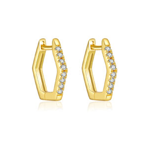 925 Silver Gold Plated Full-Crystal Hexagon Huggie Earrings-MME1095