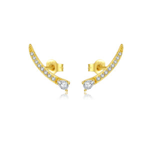 925 Silver Gold-Plated Curved Bar Teardrop CZ Stud Earrings-MME1137