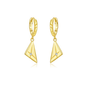 925 Silver Gold-Plated Huggie Earrings, Triangle Pendant with CZ, Asymmetrical Left & RightMME1141