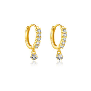 925 Silver Gold Paved CZ Cluster Dangle Huggie Earrings-MME298