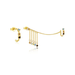 925 Silver Gold Multi-CZ Asymmetric Tassel Earrings-MME436