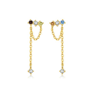 925 Silver Gold Multi-CZ V-Shaped Chain Earrings-MME441