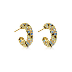 925 Silver Gold Full Pavé Iridescent CZ Half-Hoop Earrings-MME443