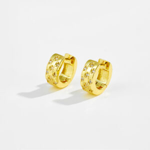 White Copper Gold Plated Huggie Hoop Earrings, Length 14mm, Width 6mm, Spaced Grid Prong-Set CZ Design-TTE065