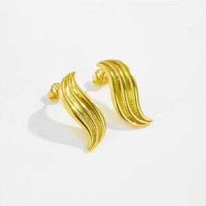 White Copper Gold Plated Wave-Shaped Stud Earrings, Length 22.5mm, Width 8mm, Fluid Curved Design-TTE066