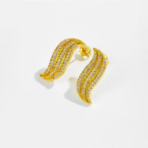 White Copper Gold Plated Wave-Shaped Stud Earrings, Length 22.5mm, Width 8mm, Paved CZ Design-TTE067