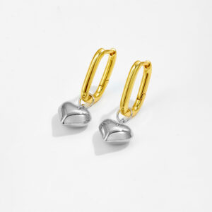 White Copper Gold Plated Rectangular Hoop Earrings, Length 33mm, Inner Width 8mm, with 11.5mm 3D Heart Charm-TTE068