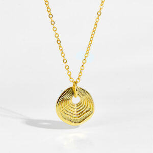 White Copper Gold Plated Grooved Round Pendant Necklaces, Chain 45+5mm, Pendant 17mm-TTN029