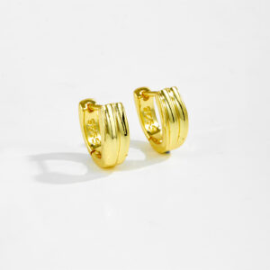 White Copper Gold Plated Grooved Huggie Hoop Earrings, Length 11mm, Inner Width 4.5mm, Layered Texture Design-TTE075