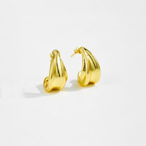 White Copper Gold Plated Curved Chunky Stud Earrings, Length 9mm, Width 21.5mm, Sleek Minimalist Design-TTE073