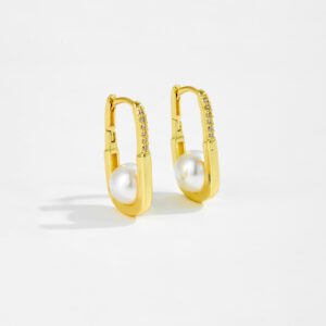 White Copper Gold Plated Hoop Earrings, Length 22mm, Inner Width 8mm, Channel-Set CZ & Pearl Design-TTE076