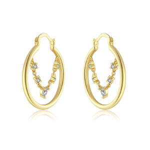 White Copper Gold Plated Oval Hoop Earrings, Size 30*34mm, Claw-Set CZ with Inner Hoop Teardrop CZ Dangle-TTE040