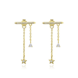 925 Silver 18K Gold-Plated Bar CZ Star & Teardrop Chain Drop Earrings-MME711-2