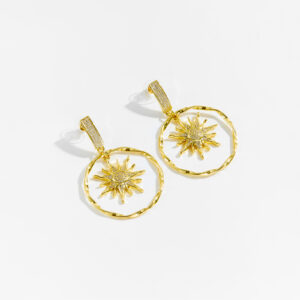 White Copper Gold Plated Sunburst Drop Earrings, Size: Sun 25mm, Outer Circle 39.5mm, Height 58mm, Paved CZ Design-TTE061