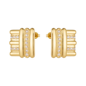 White Copper Gold Plated Stud Earrings, Size 18*20mm, Multi-Row Spaced CZ Inlay Design-TTE044