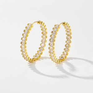 White Copper Gold Plated Hoop Earrings, Size 4*4*28mm, Full Circle Claw-Set Pave CZ Design-TTE031