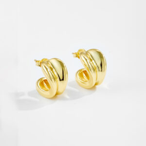 White Copper Gold Plated Twisted Spiral Huggie Earrings, Size 15.5mm Length, 10mm Inner Width-TTE119