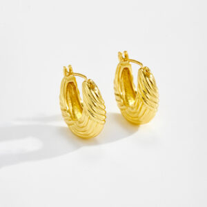 White Copper Gold Plated Diagonal Textured Huggie Earrings, Size 17×19mm-TTE105