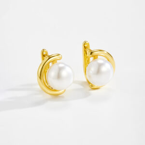 White Copper Gold Plated Semi-Circular Huggie Earrings with Pearl Accent, 14.5mm Length, 12.5mm Widt-TTE107