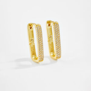 White Copper Gold Plated Rectangular CZ Paved Huggie Earrings, Size 21mm Length, 7mm Inner Width-TTE18