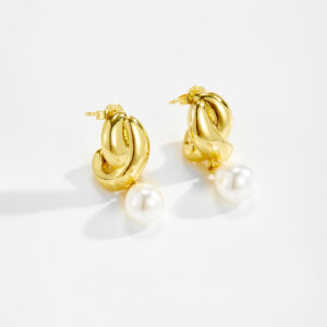 White Copper Gold Plated Twisted Knot Drop Earrings with Pearl, Size 28.5mm Length, 9.5mm Width-TTE108