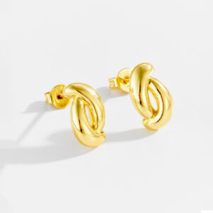 White Copper Gold Plated Intertwined Double-Loop Stud Earrings, Size 12mm Length, 7mm Width-TTE126