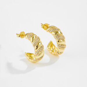 White Copper Gold Plated Textured Crescent Huggie Earrings with CZ Accents, Size 19mm Length, 7mm Inner Width-TTE120