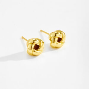 White Copper Gold Plated Knot Stud Earrings, 8.7mm Width, Minimalist Textured Design-TTE100