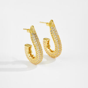 White Copper Gold Plated Fishhook-Shaped CZ Paved Huggie Earrings, Size 28.5mm Length, 4.5mm Width-TTE121