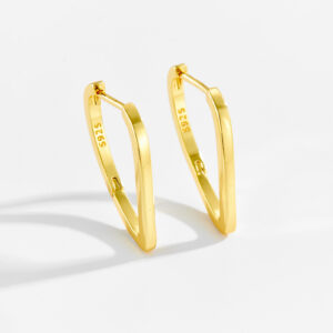 White Copper Gold Plated Angular V-Shaped Huggie Earrings, Size 23.5mm Length, 12.5mm Inner Width-TTE128